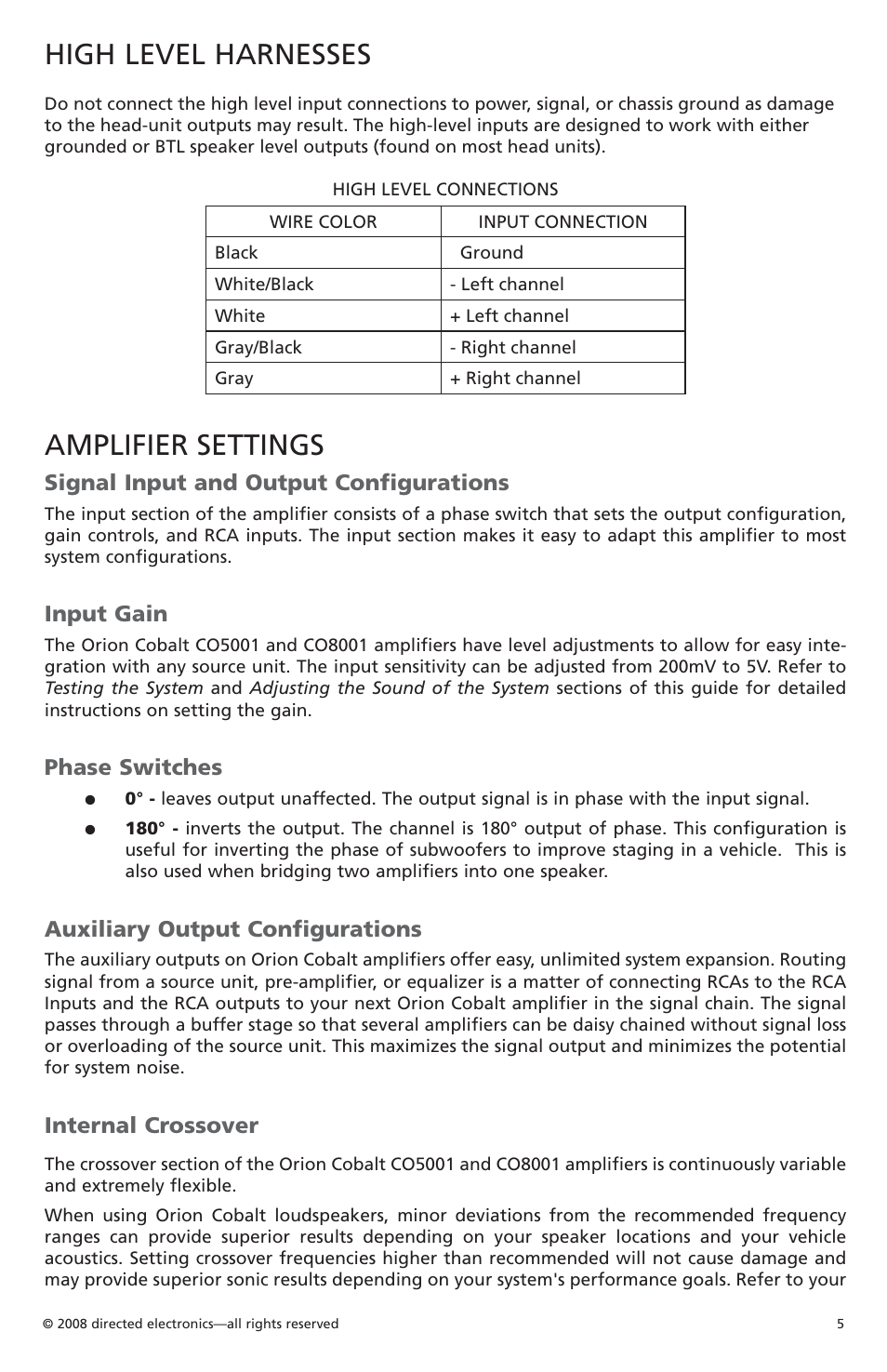 High level harnesses, Amplifier settings, Signal input and output configurations | Input gain, Phase switches, Auxiliary output configurations, Internal crossover | Orion C08001 User Manual | Page 6 / 66