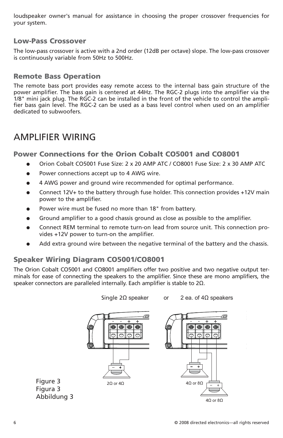 Amplifier wiring, Low-pass crossover, Remote bass operation | Orion C08001 User Manual | Page 7 / 66
