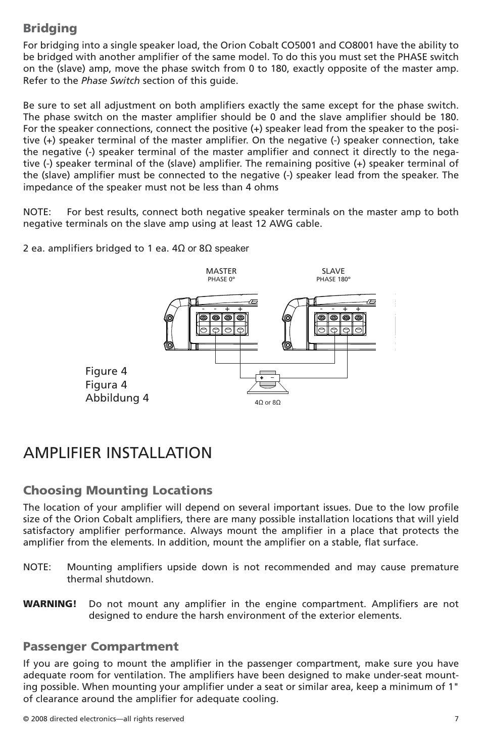 Amplifier installation, Bridging, Choosing mounting locations | Passenger compartment | Orion C08001 User Manual | Page 8 / 66