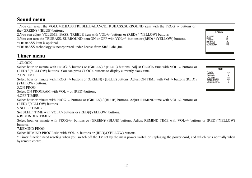 Sound menu, Timer menu | Hyundai H-TV2902PF User Manual | Page 12 / 38