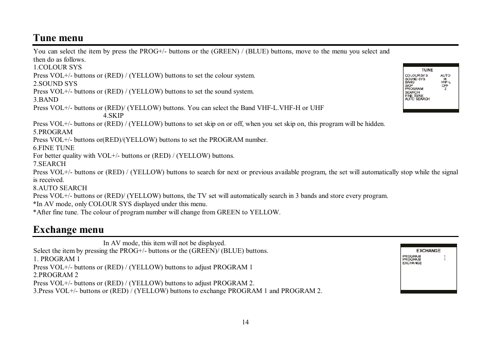 Tune menu, Exchange menu | Hyundai H-TV2902PF User Manual | Page 14 / 38