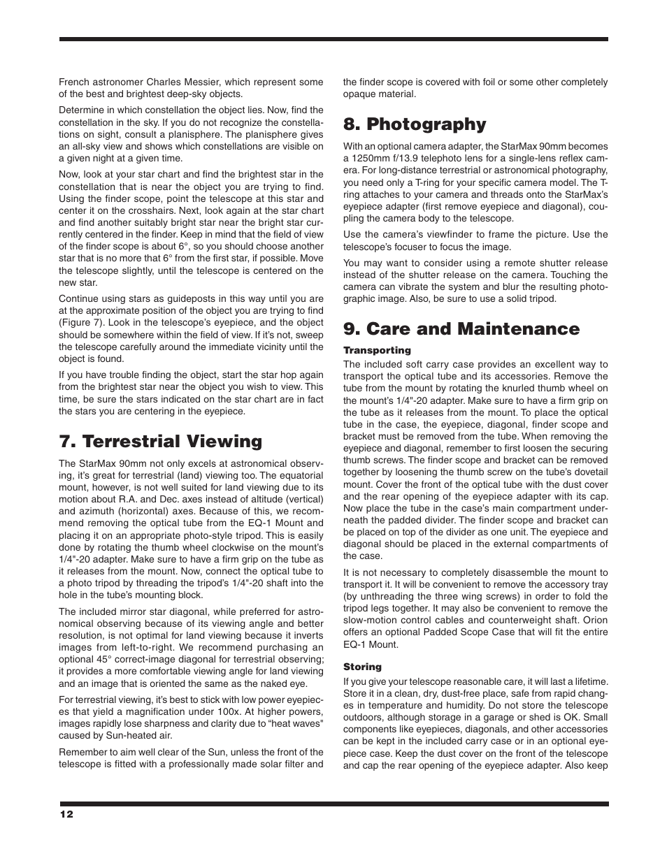 Terrestrial viewing, Photography, Care and maintenance | Orion STARMAX 90 EQ User Manual | Page 12 / 14