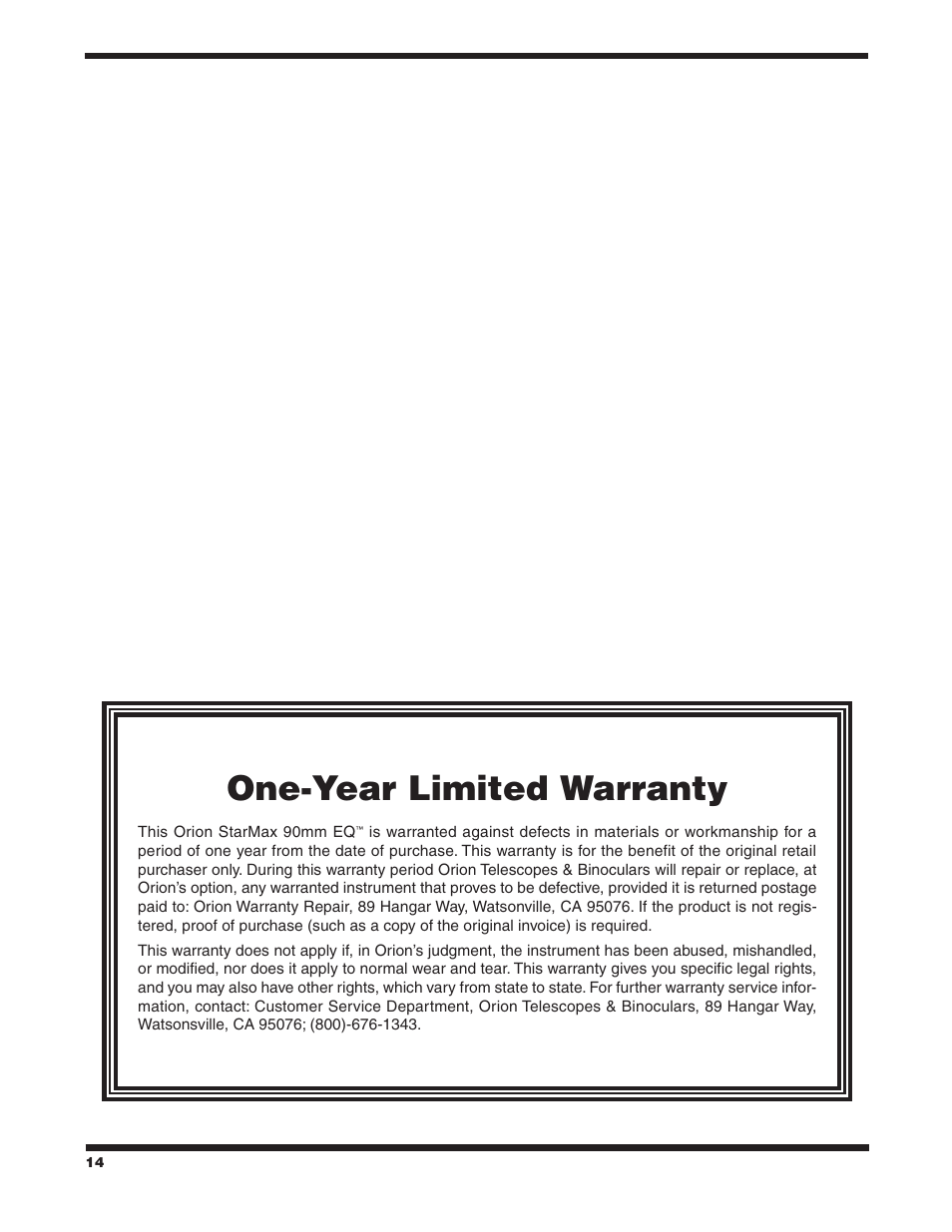 One‑year limited warranty | Orion STARMAX 90 EQ User Manual | Page 14 / 14