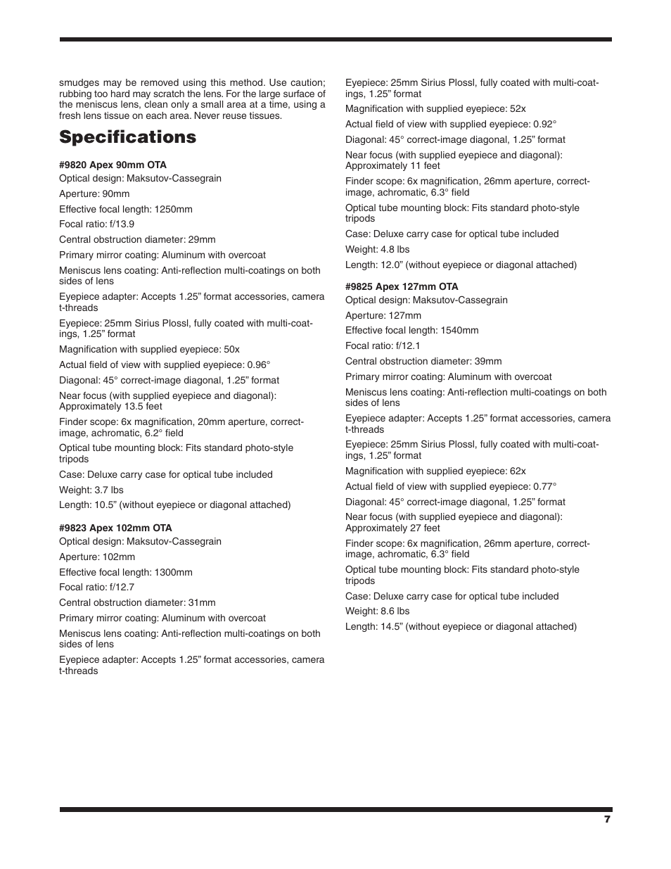 Specifications | Orion 9825 User Manual | Page 7 / 8