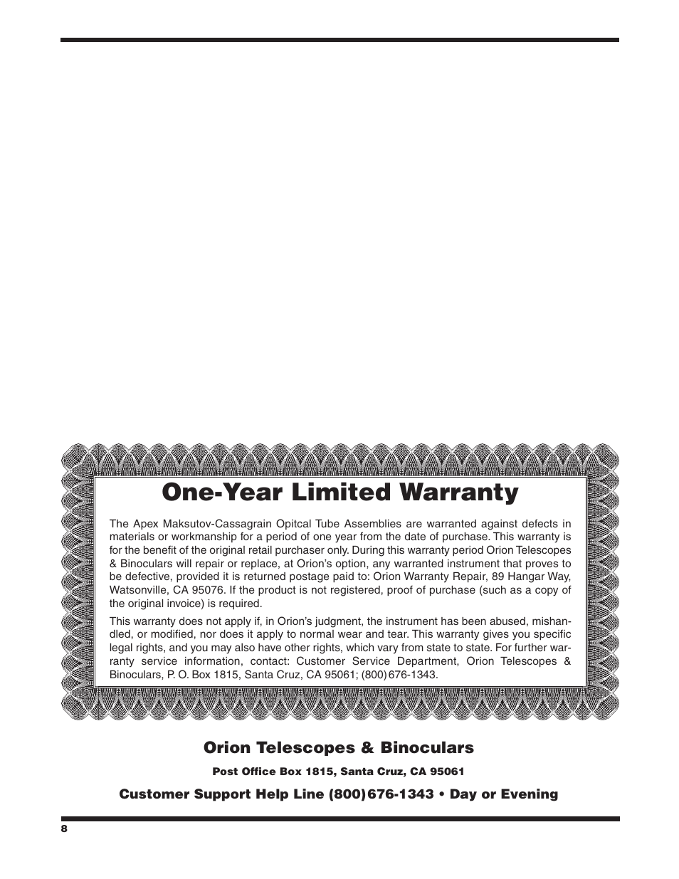 One-year limited warranty | Orion 9825 User Manual | Page 8 / 8