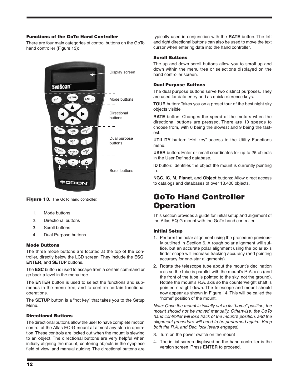 Goto hand controller operation | Orion ATLAS EQ-G User Manual | Page 12 / 27