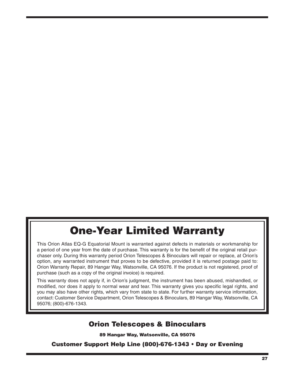 One‑year limited warranty | Orion ATLAS EQ-G User Manual | Page 27 / 27