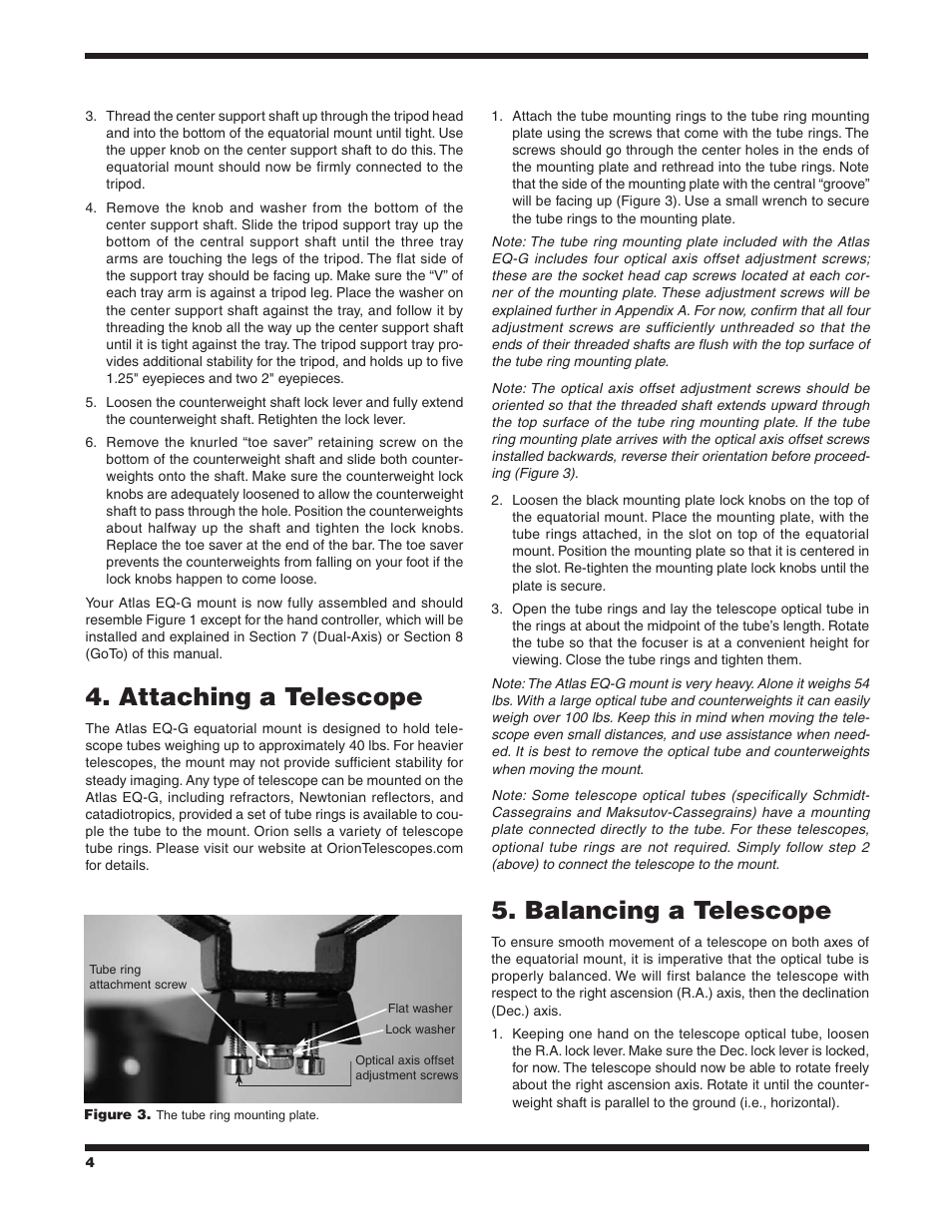 Attaching a telescope, Balancing a telescope | Orion ATLAS EQ-G User Manual | Page 4 / 27