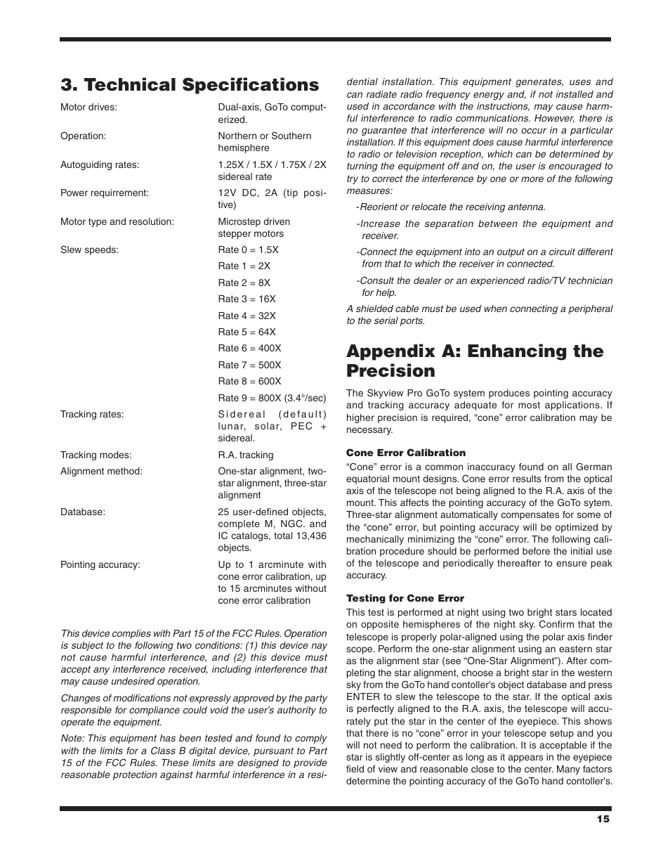 Technical specifications, Appendix a: enhancing the precision | Orion SKYVIEW PRO 7817 User Manual | Page 15 / 20