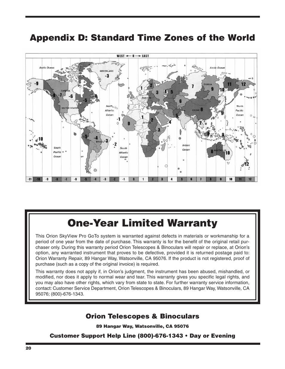 One‑year limited warranty, Appendix d: standard time zones of the world | Orion SKYVIEW PRO 7817 User Manual | Page 20 / 20