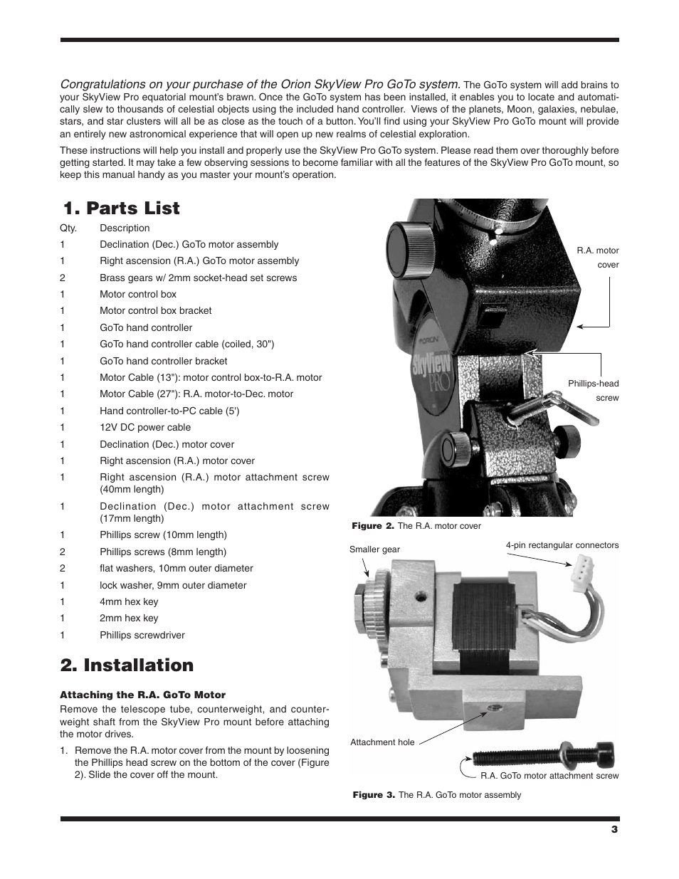Parts list, Installation | Orion SKYVIEW PRO 7817 User Manual | Page 3 / 20