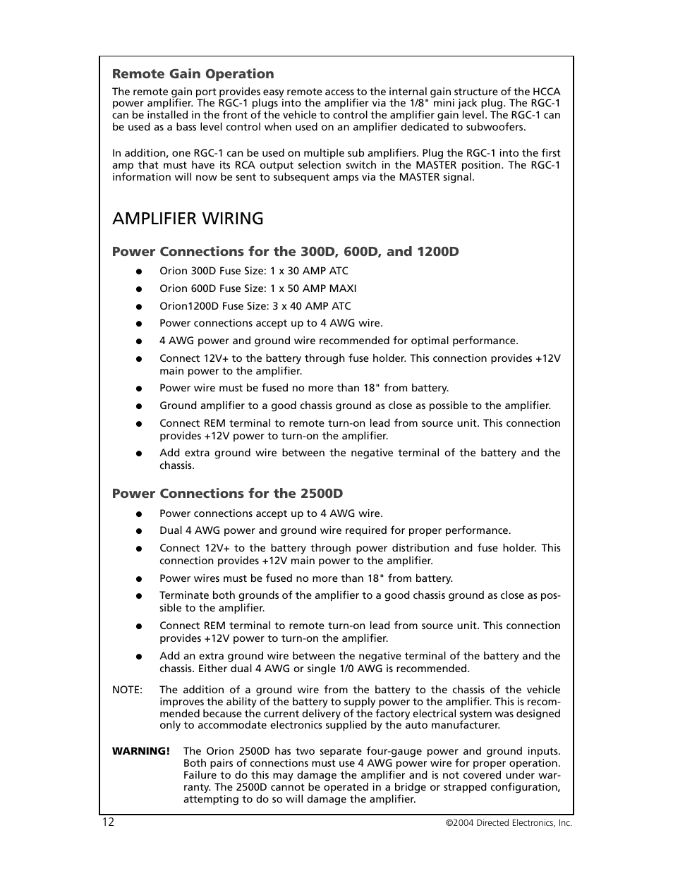 Amplifier wiring, Remote gain operation, Power connections for the 2500d | Orion 6000 User Manual | Page 13 / 22