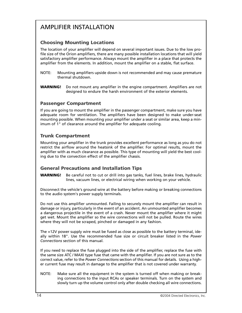 Amplifier installation | Orion 6000 User Manual | Page 15 / 22