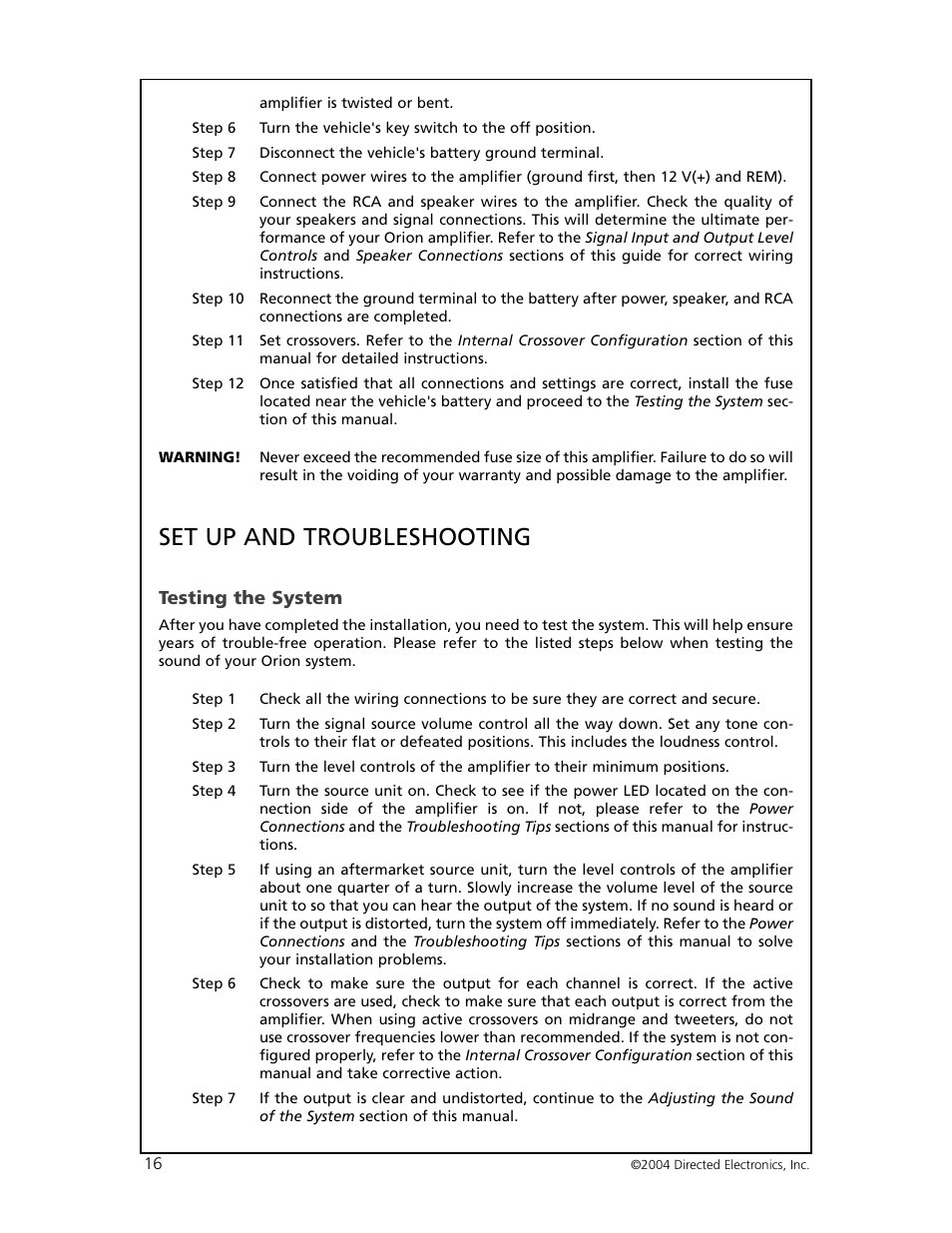 Set up and troubleshooting, Testing the system | Orion 6000 User Manual | Page 17 / 22