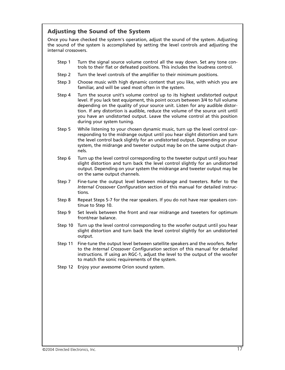 Adjusting the sound of the system | Orion 6000 User Manual | Page 18 / 22