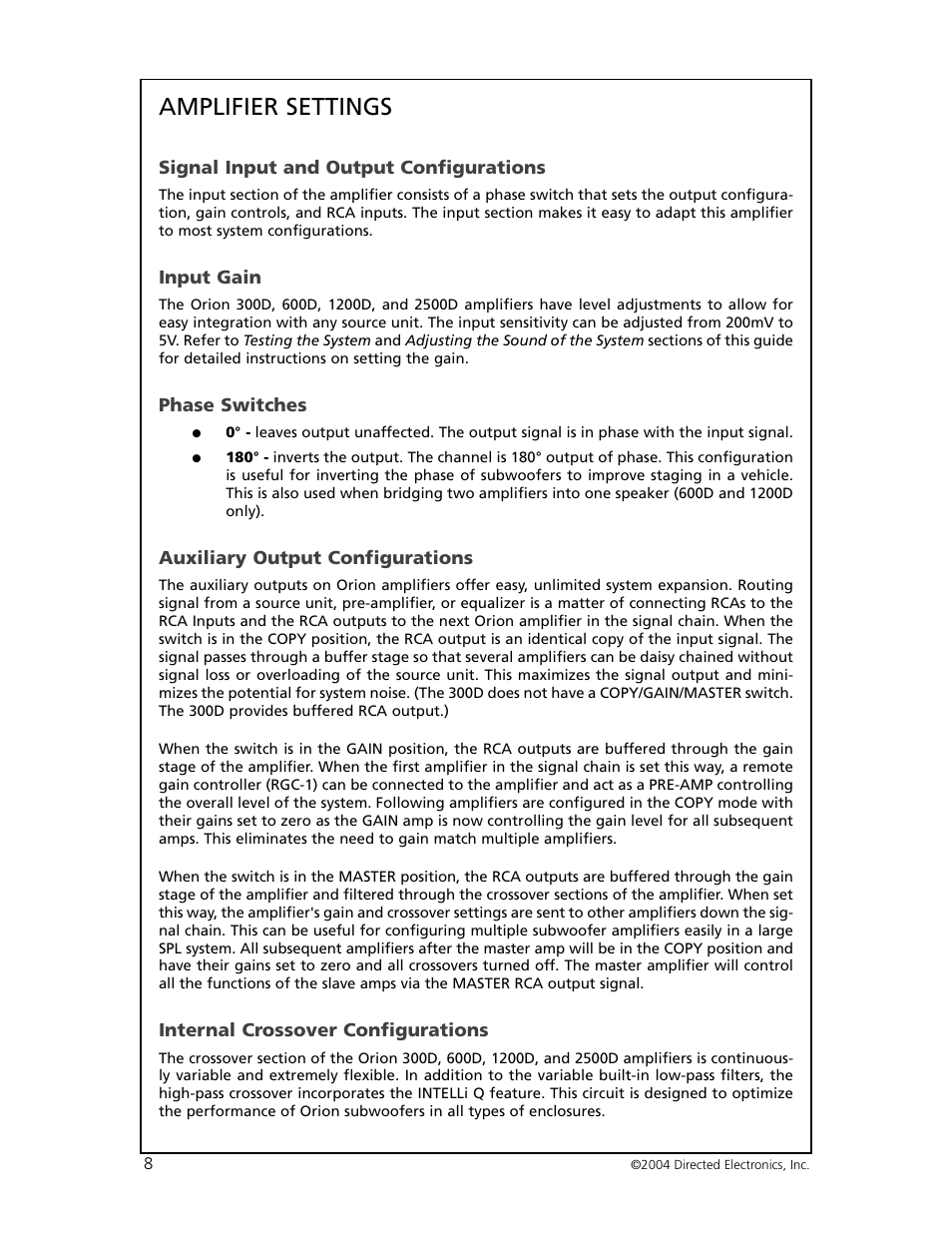 Amplifier settings | Orion 6000 User Manual | Page 9 / 22
