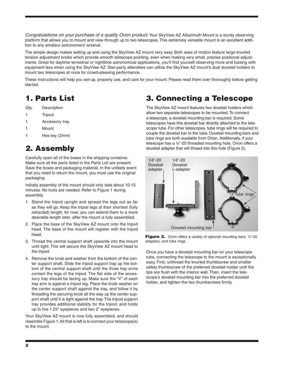 Parts list, Assembly, Connecting a telescope | Orion SKYVIEW 9017 User Manual | Page 2 / 4