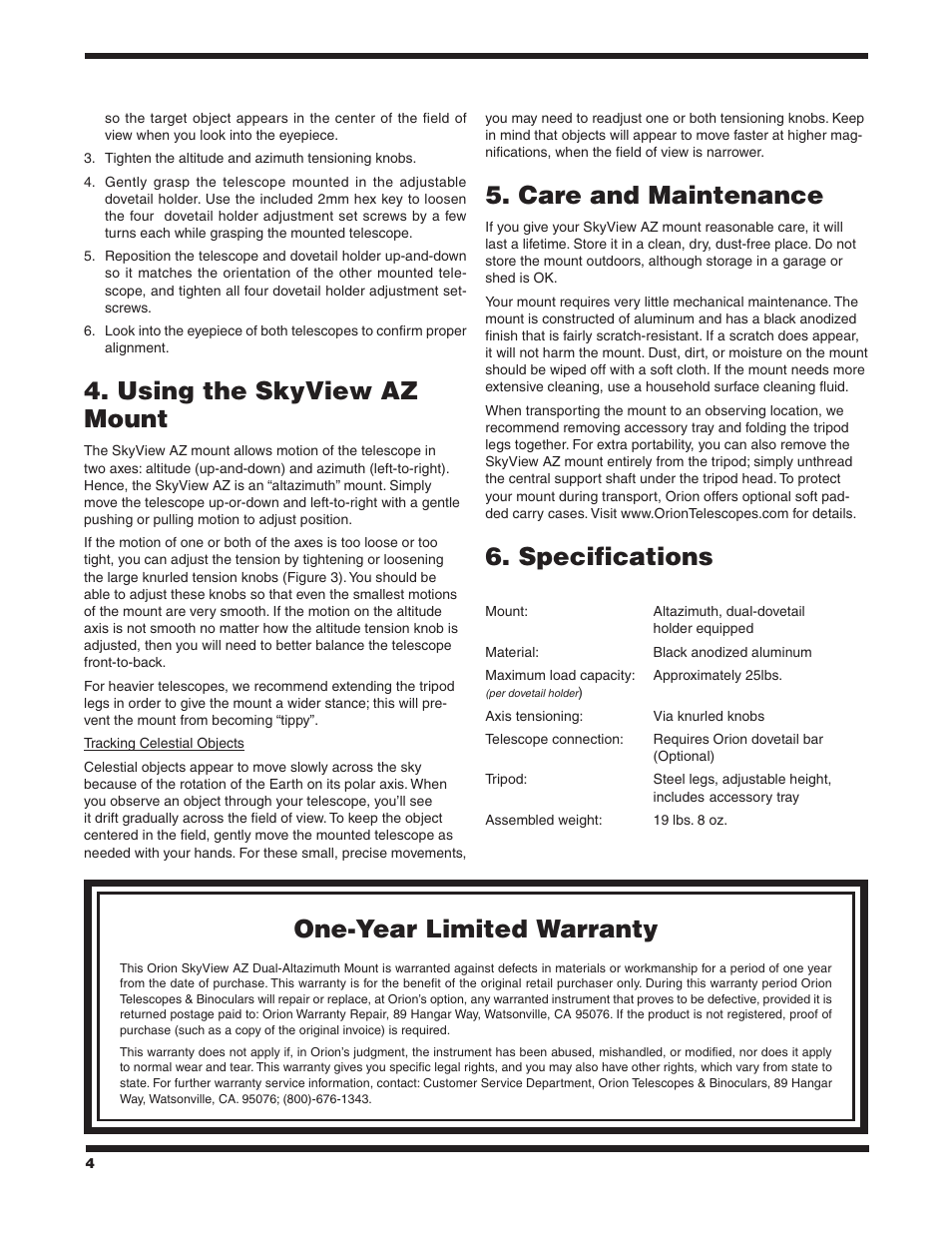 Using the skyview az mount, Care and maintenance, Specifications | One‑year limited warranty | Orion SKYVIEW 9017 User Manual | Page 4 / 4