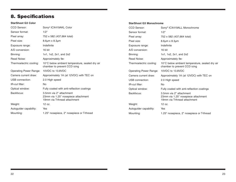 Specifications | Orion STARSHOOT G3 User Manual | Page 12 / 13