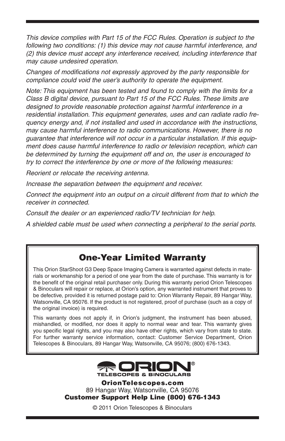 One‑year limited warranty | Orion STARSHOOT G3 User Manual | Page 13 / 13