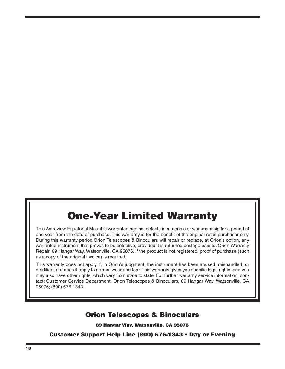 One-year limited warranty | Orion ASTROVIEW 9822 User Manual | Page 10 / 10