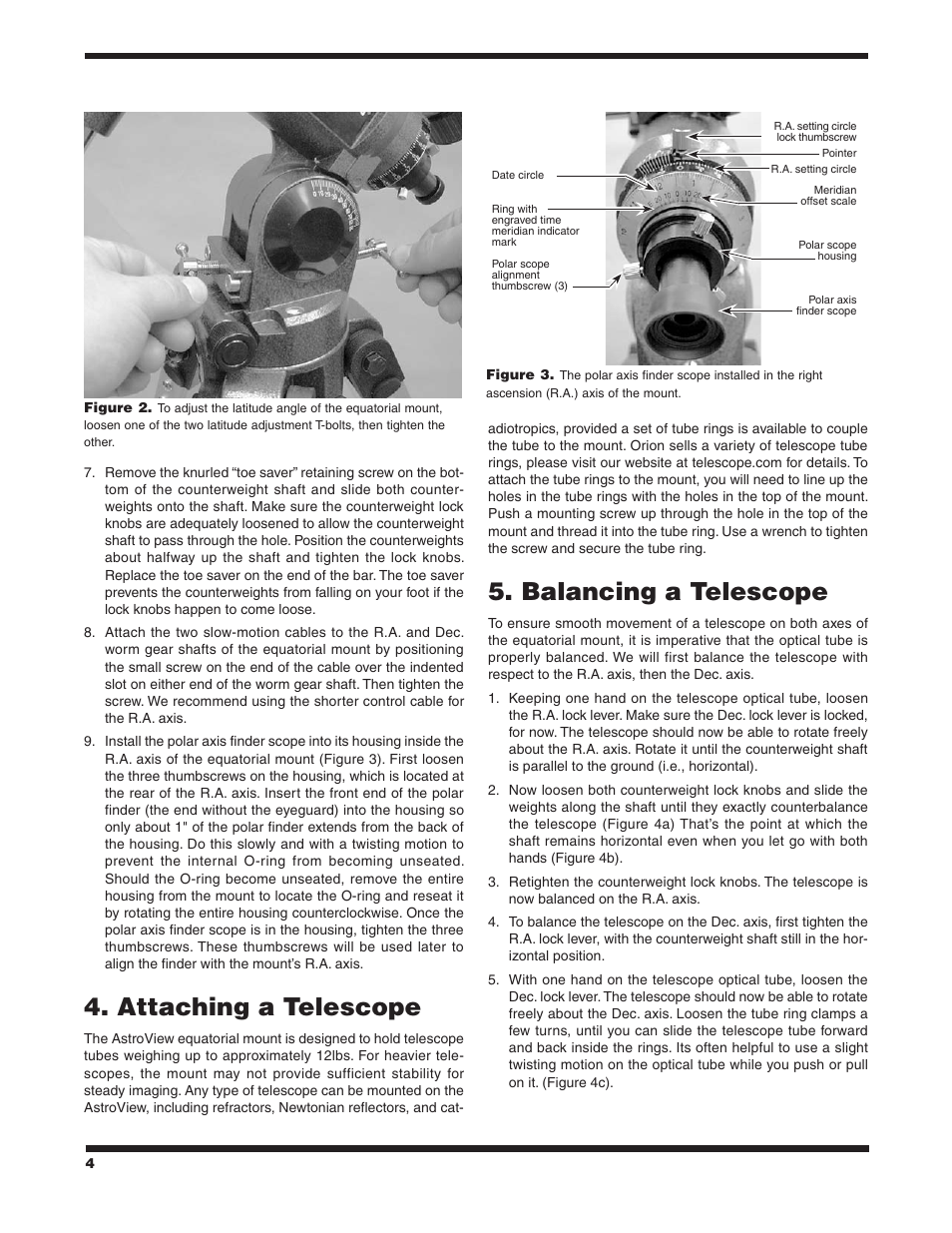 Attaching a telescope, Balancing a telescope | Orion ASTROVIEW 9822 User Manual | Page 4 / 10