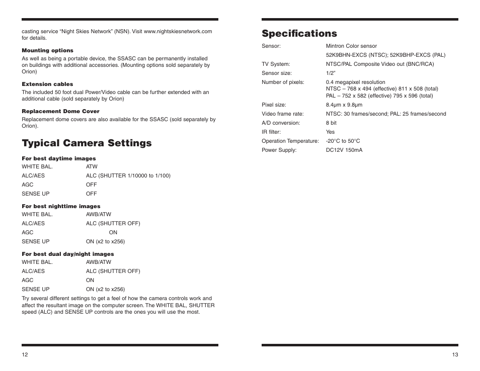 Specifications, Typical camera settings | Orion STARSHOOT 52188 User Manual | Page 7 / 8