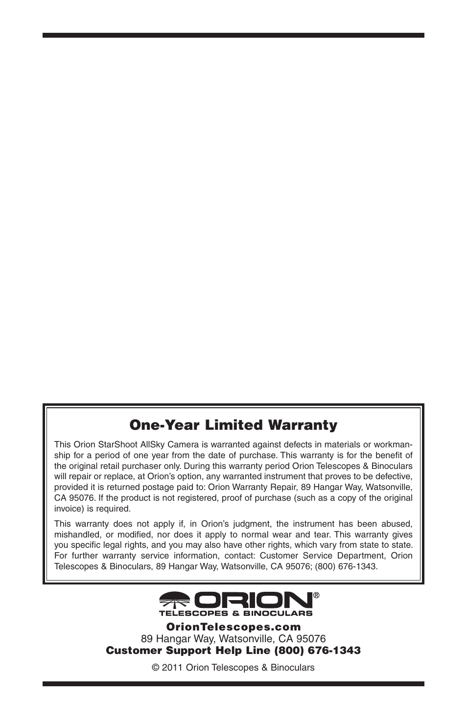 One-year limited warranty | Orion STARSHOOT 52188 User Manual | Page 8 / 8