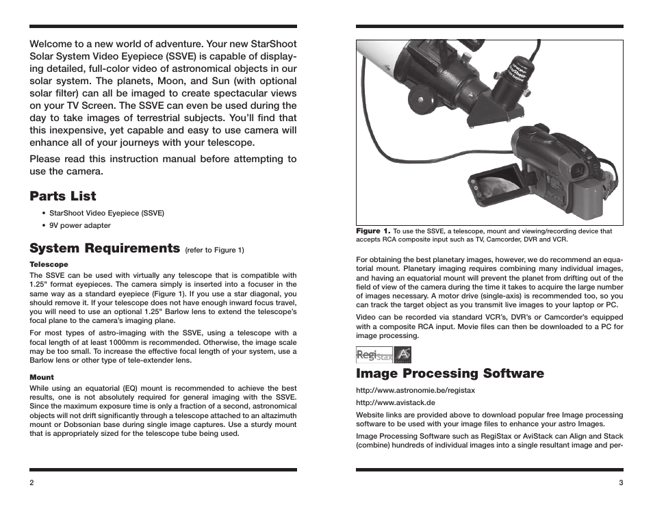 Parts list, System requirements, Image processing software | Orion STARSHOOT 52176 User Manual | Page 2 / 6