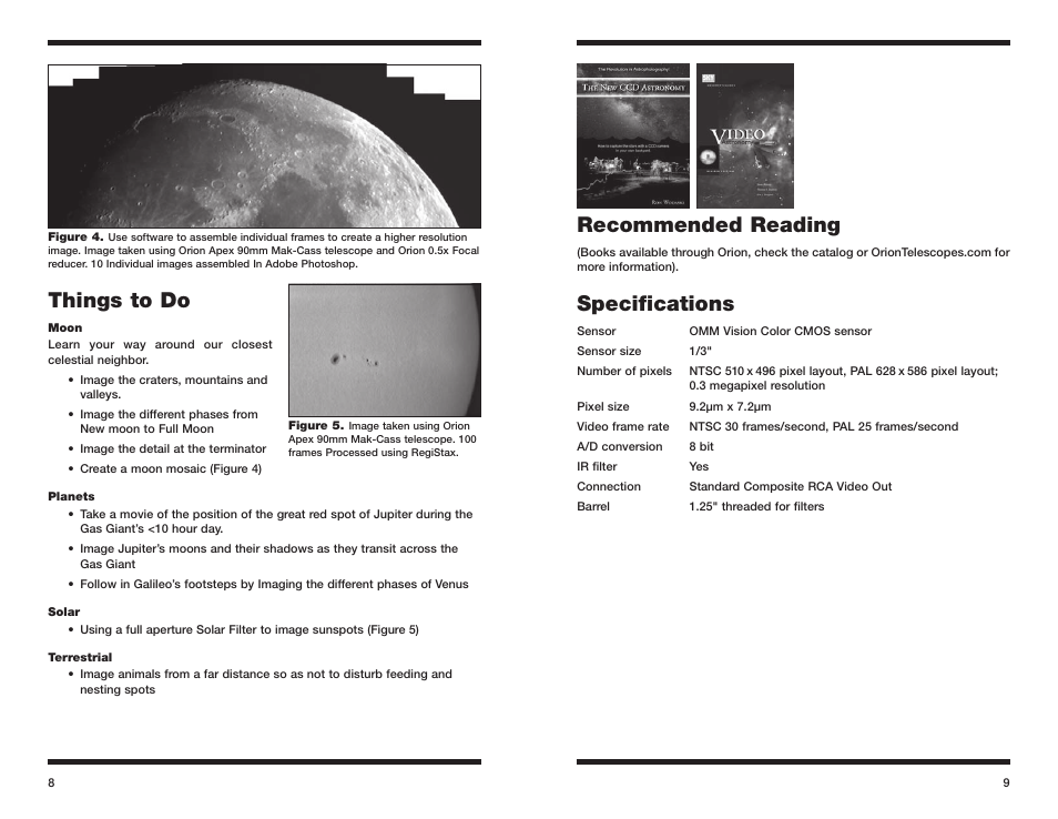 Things to do, Recommended reading, Specifications | Orion STARSHOOT 52176 User Manual | Page 5 / 6