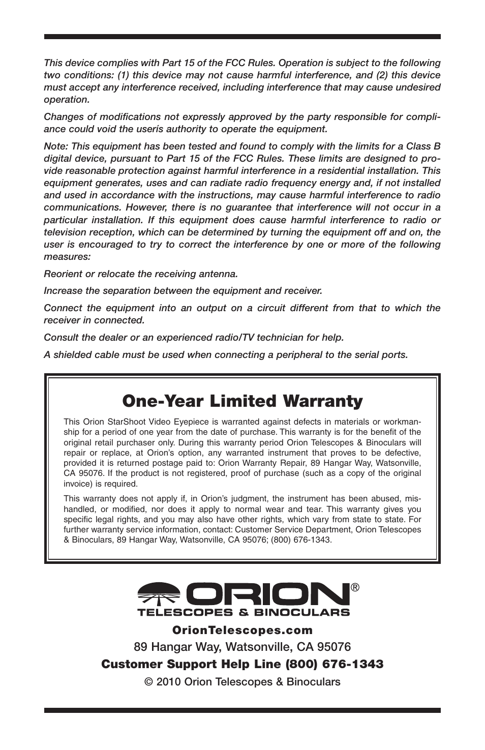 One-year limited warranty | Orion STARSHOOT 52176 User Manual | Page 6 / 6
