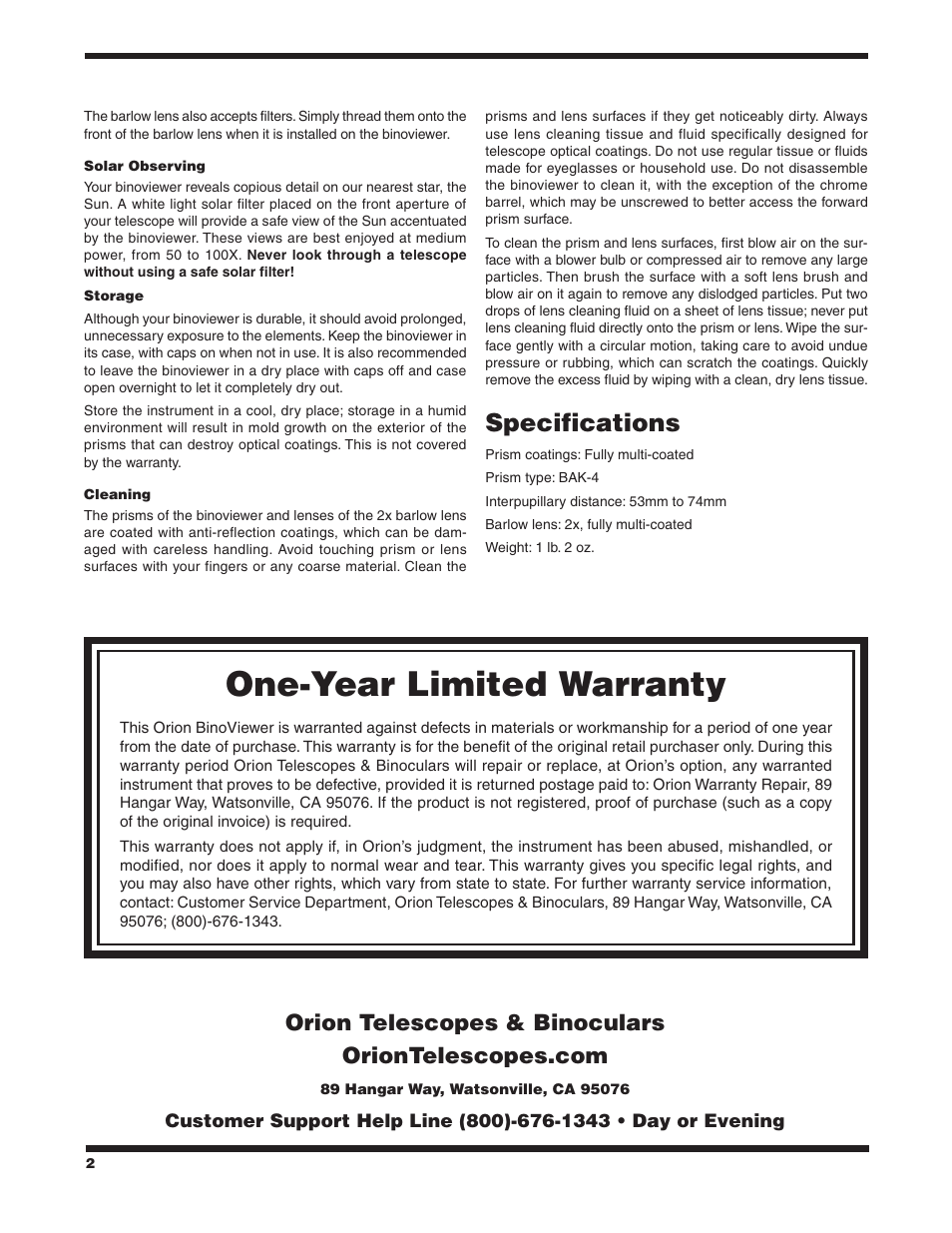 One-year limited warranty, Specifications | Orion 52071 User Manual | Page 2 / 2