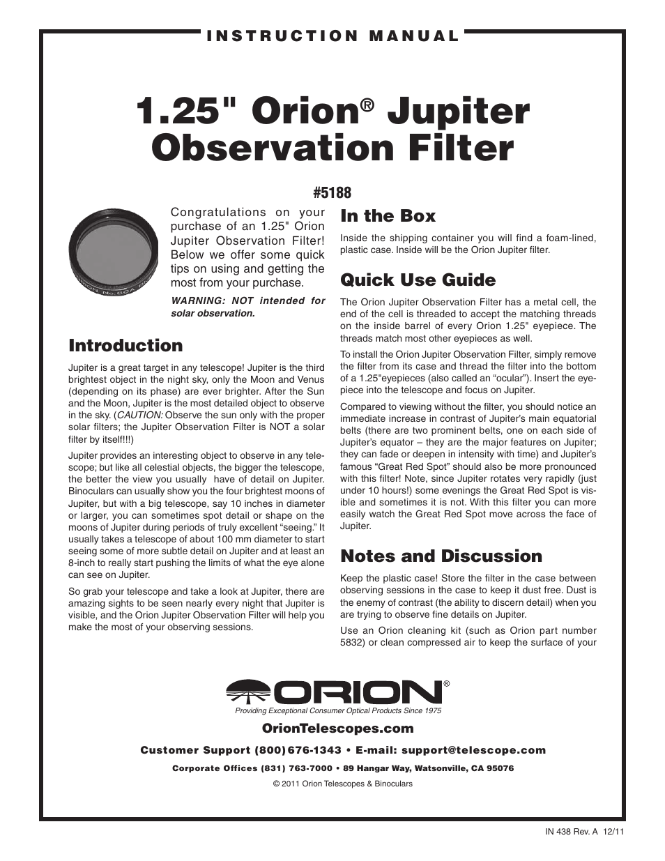 Orion JUPITER 5188 User Manual | 2 pages