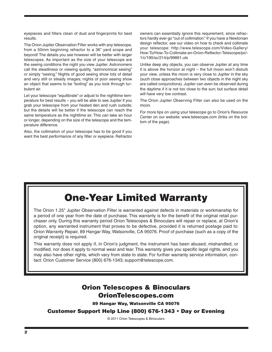 One-year limited warranty | Orion JUPITER 5188 User Manual | Page 2 / 2