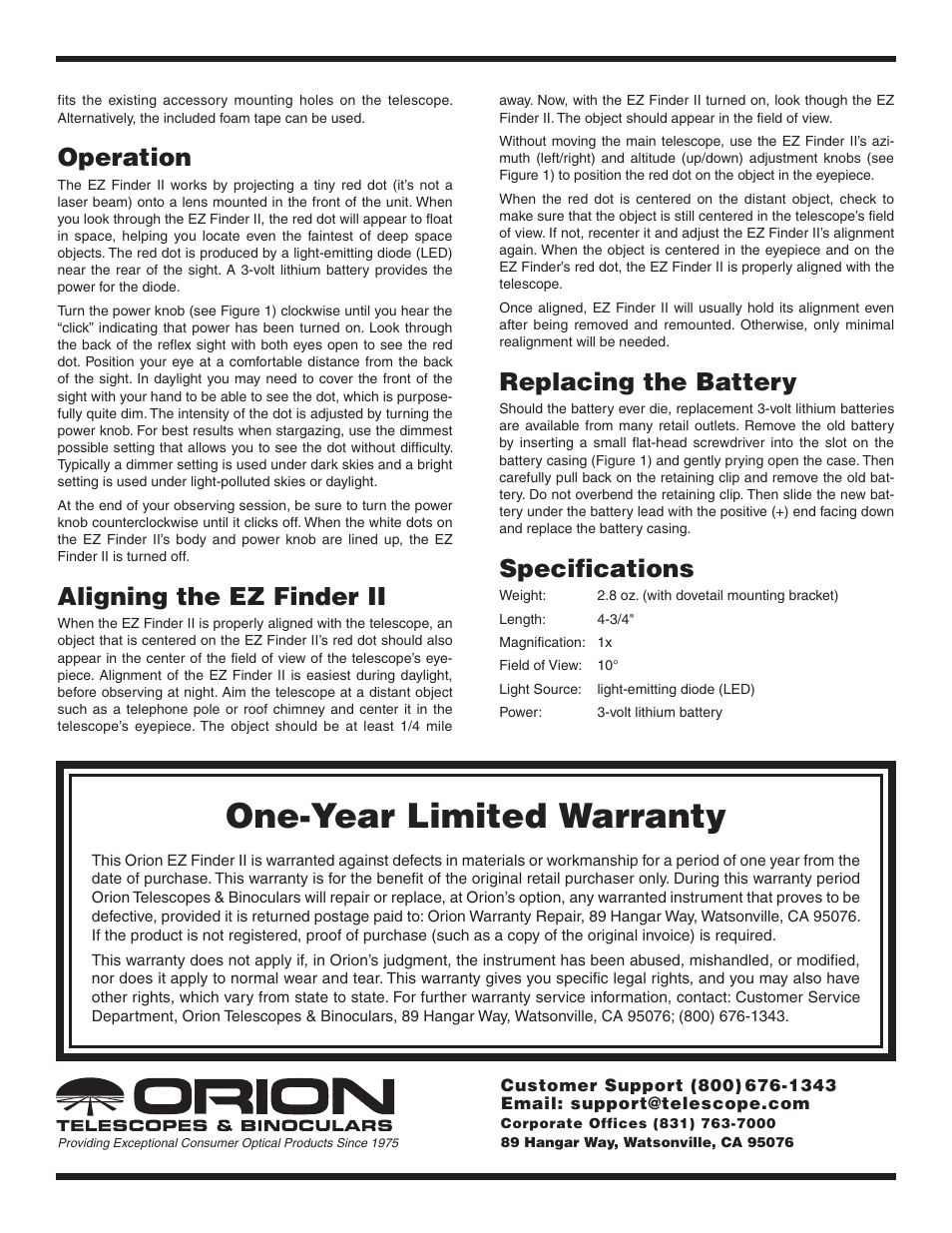 One-year limited warranty, Operation, Aligning the ez finder ii | Replacing the battery, Specifications | Orion 7228 User Manual | Page 2 / 2