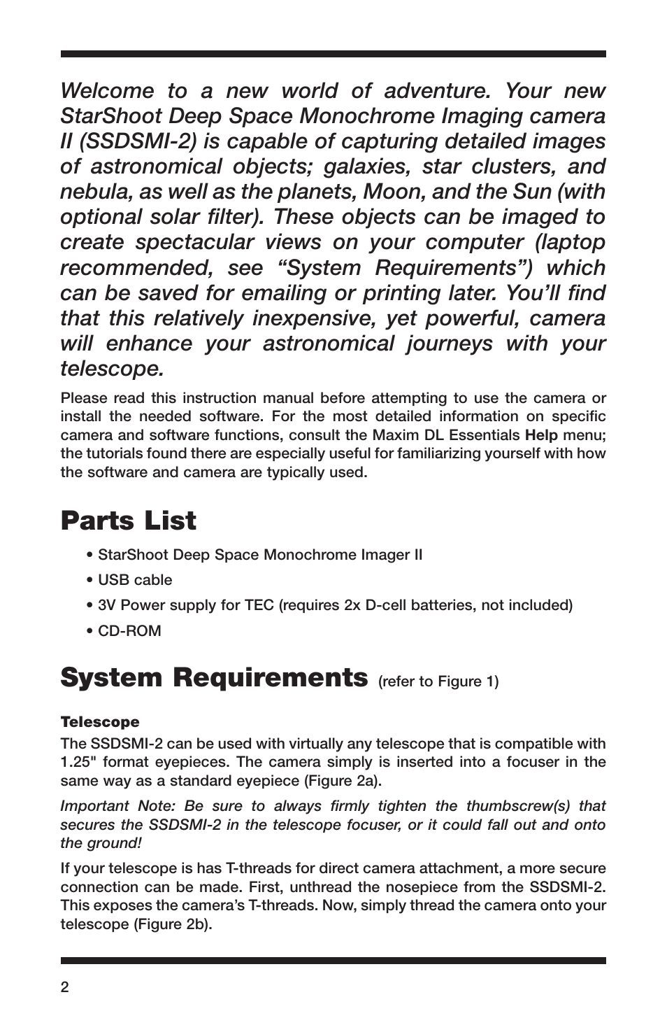 Parts list, System requirements | Orion 52083 User Manual | Page 2 / 44