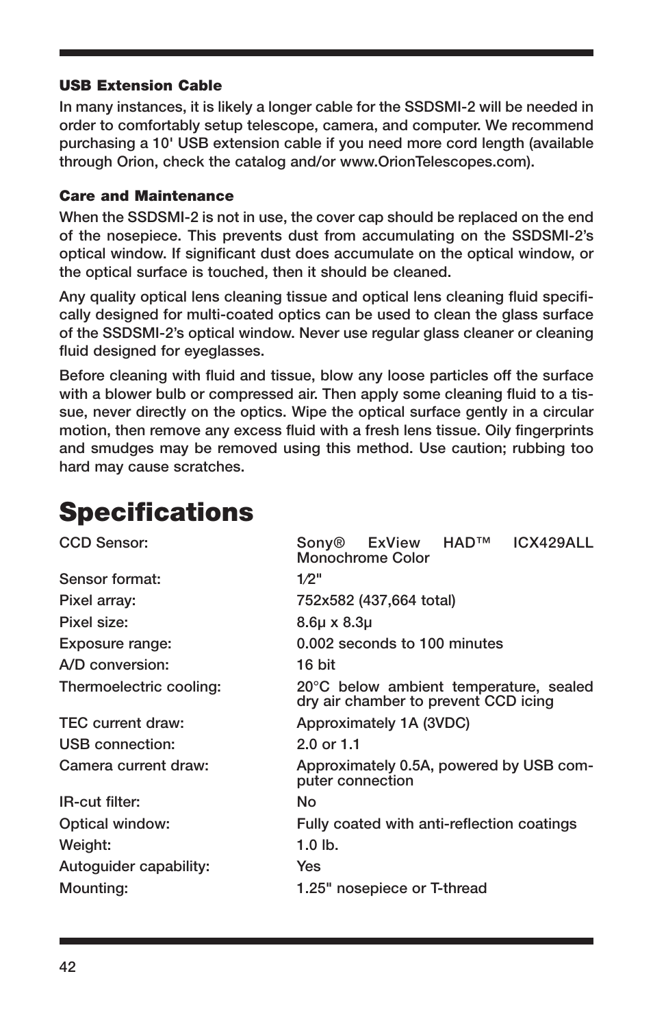 Speciﬁcations | Orion 52083 User Manual | Page 42 / 44