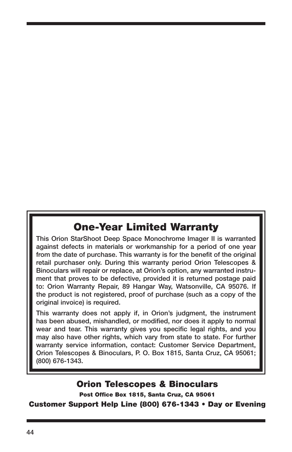 One-year limited warranty, Orion telescopes & binoculars | Orion 52083 User Manual | Page 44 / 44