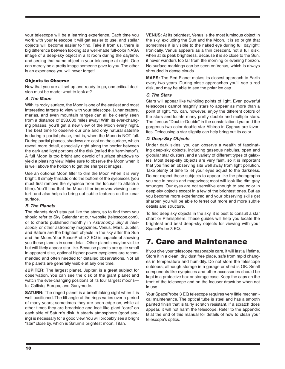 Care and maintenance | Orion SPACE PROBE 9843 User Manual | Page 10 / 15