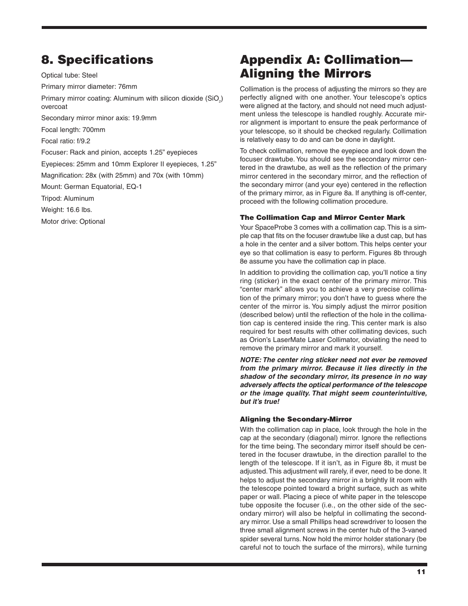 Specifications, Appendix a: collimation— aligning the mirrors | Orion SPACE PROBE 9843 User Manual | Page 11 / 15