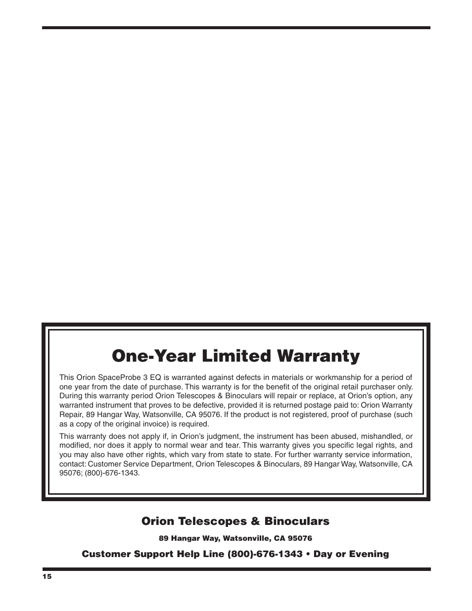 One‑year limited warranty | Orion SPACE PROBE 9843 User Manual | Page 15 / 15