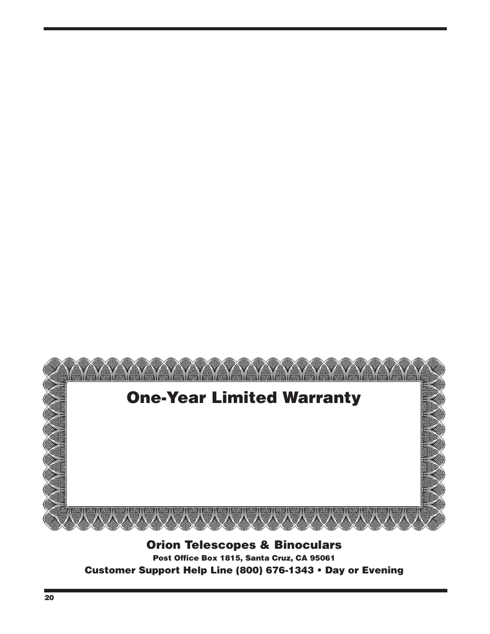 One-year limited warranty, Orion telescopes & binoculars | Orion XT6 User Manual | Page 20 / 20