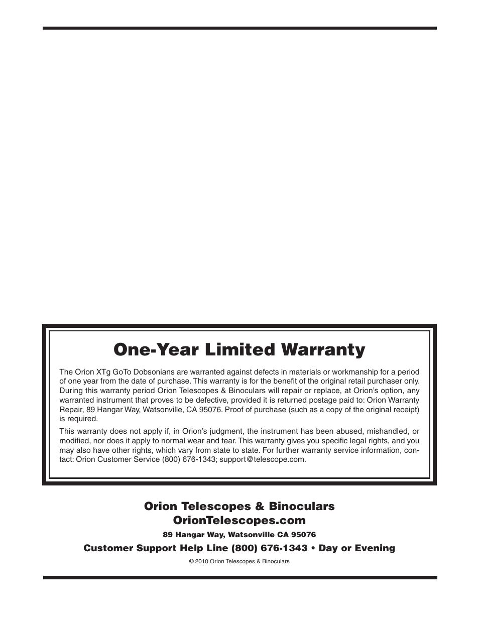 One-year limited warranty | Orion SKYQUEST XTG User Manual | Page 37 / 37