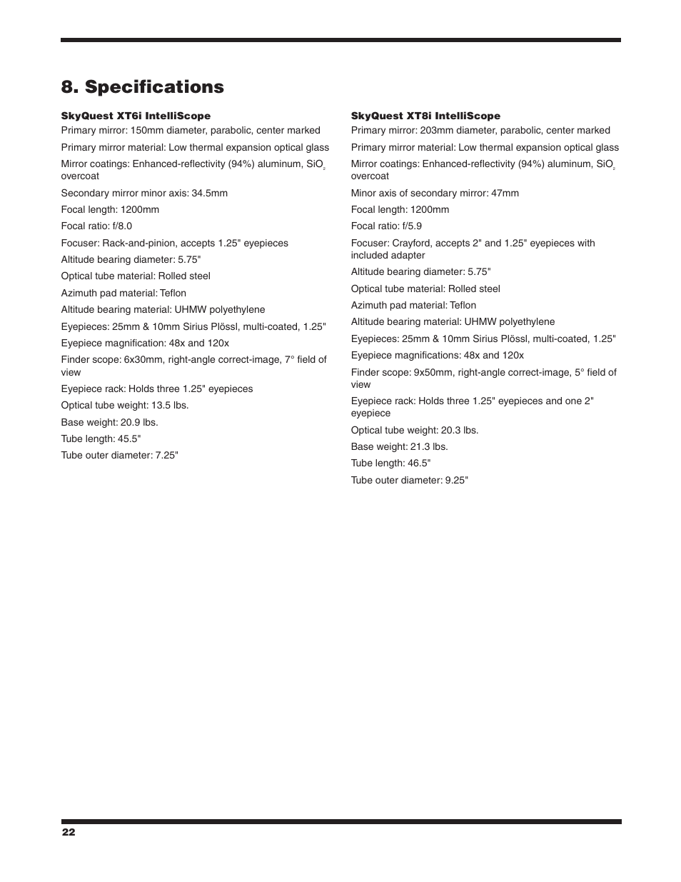 Specifications | Orion SKYQUEST #27189 XT12I User Manual | Page 22 / 24