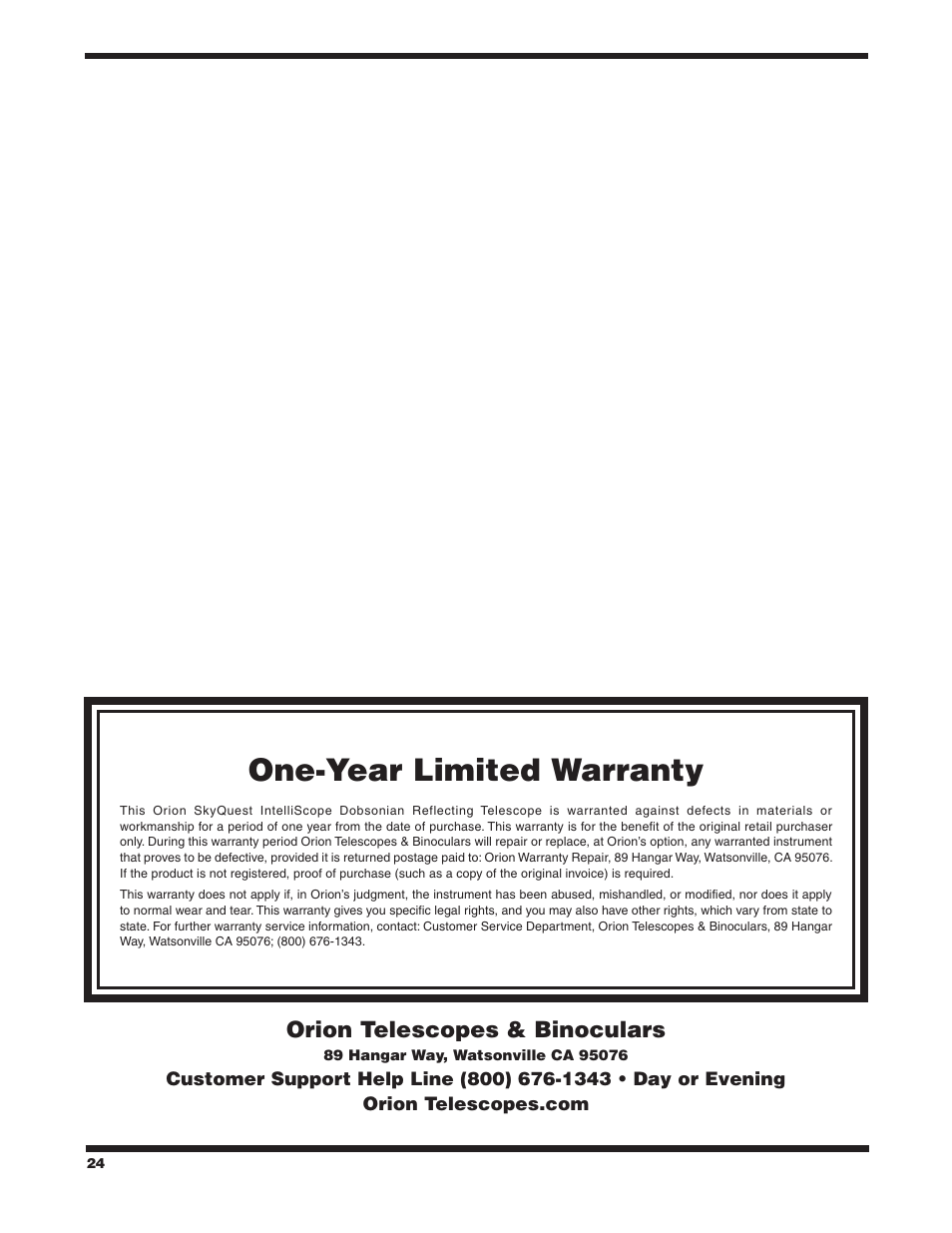 One‑year limited warranty, Orion telescopes & binoculars | Orion SKYQUEST #27189 XT12I User Manual | Page 24 / 24