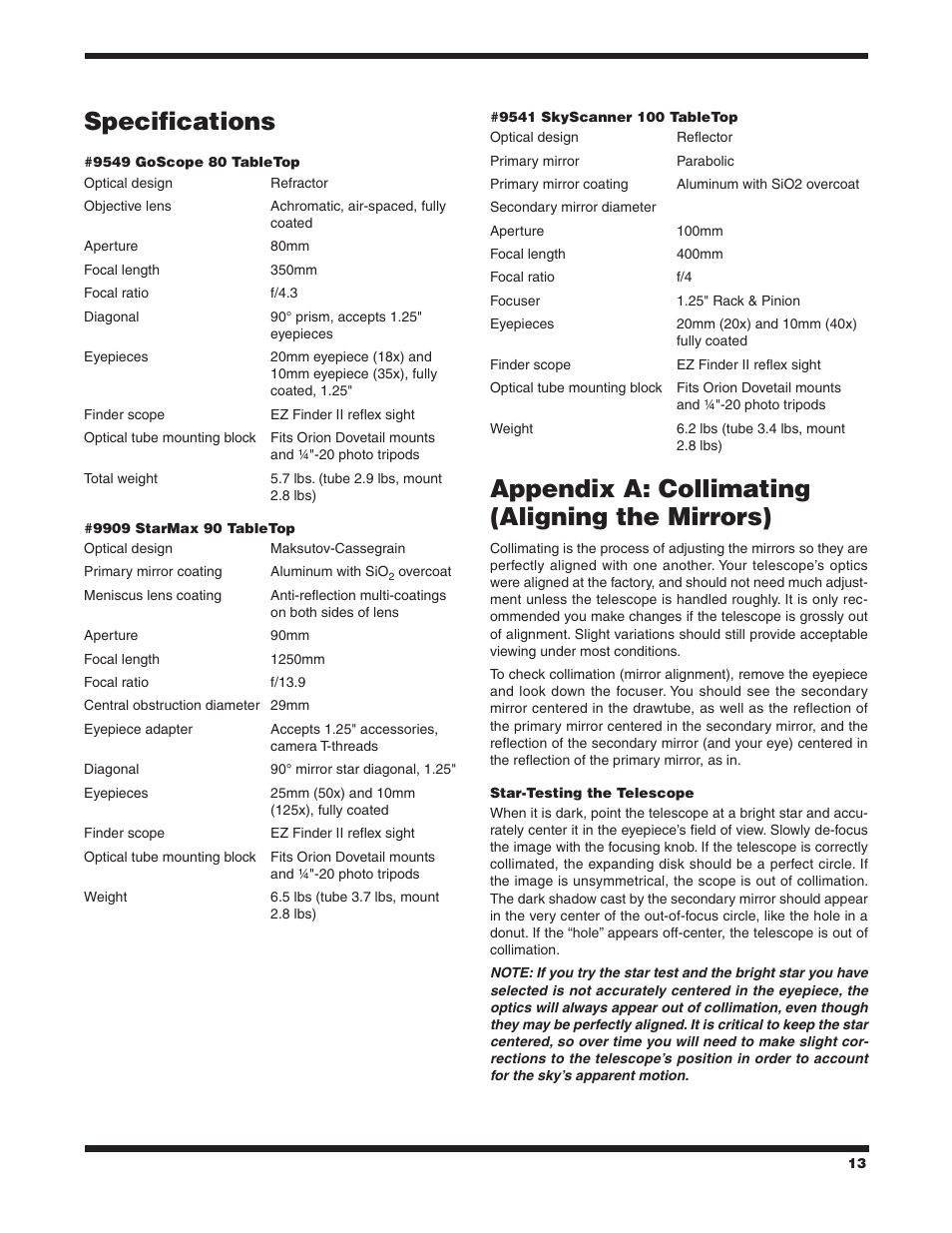 Specifications, Appendix a: collimating (aligning the mirrors) | Orion STARMAX 9541 User Manual | Page 13 / 16