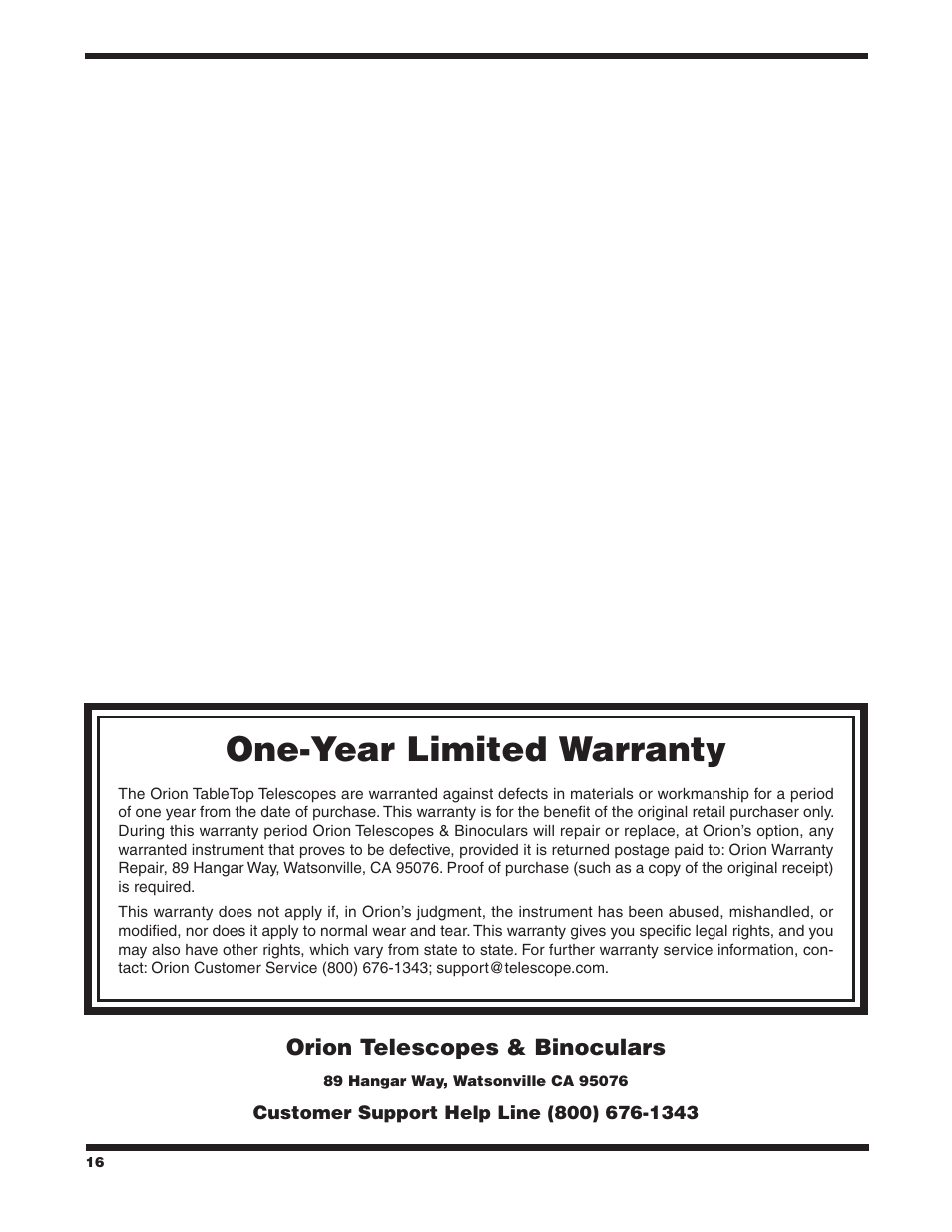 One-year limited warranty | Orion STARMAX 9541 User Manual | Page 16 / 16