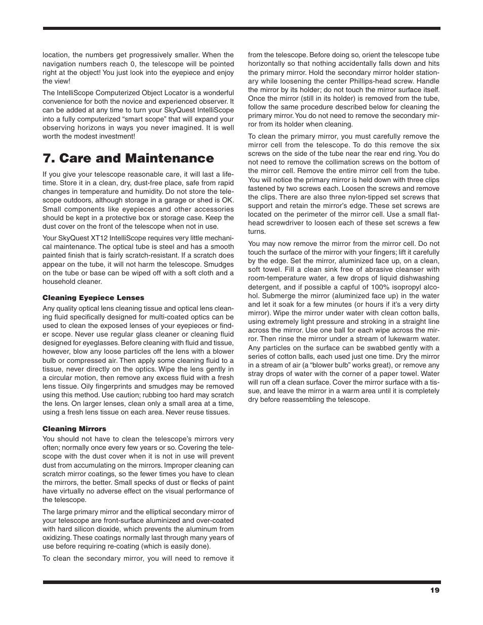 Care and maintenance | Orion SKYQUEST XT12 User Manual | Page 19 / 20