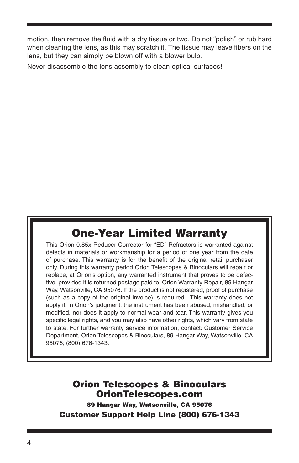 One-year limited warranty | Orion 5196 User Manual | Page 3 / 3