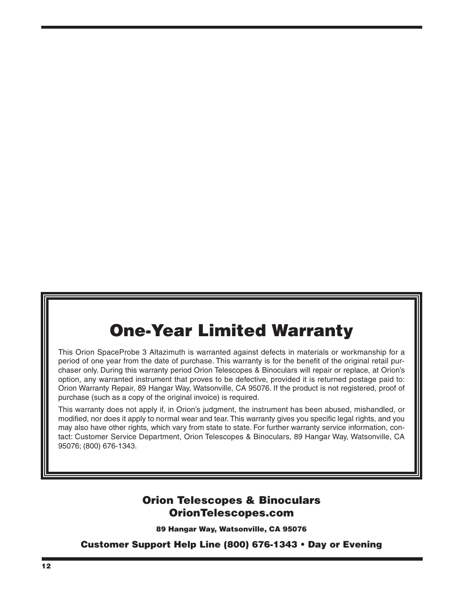 One-year limited warranty | Orion SPACEPROBE 3 ALTAZ 9883 User Manual | Page 12 / 12